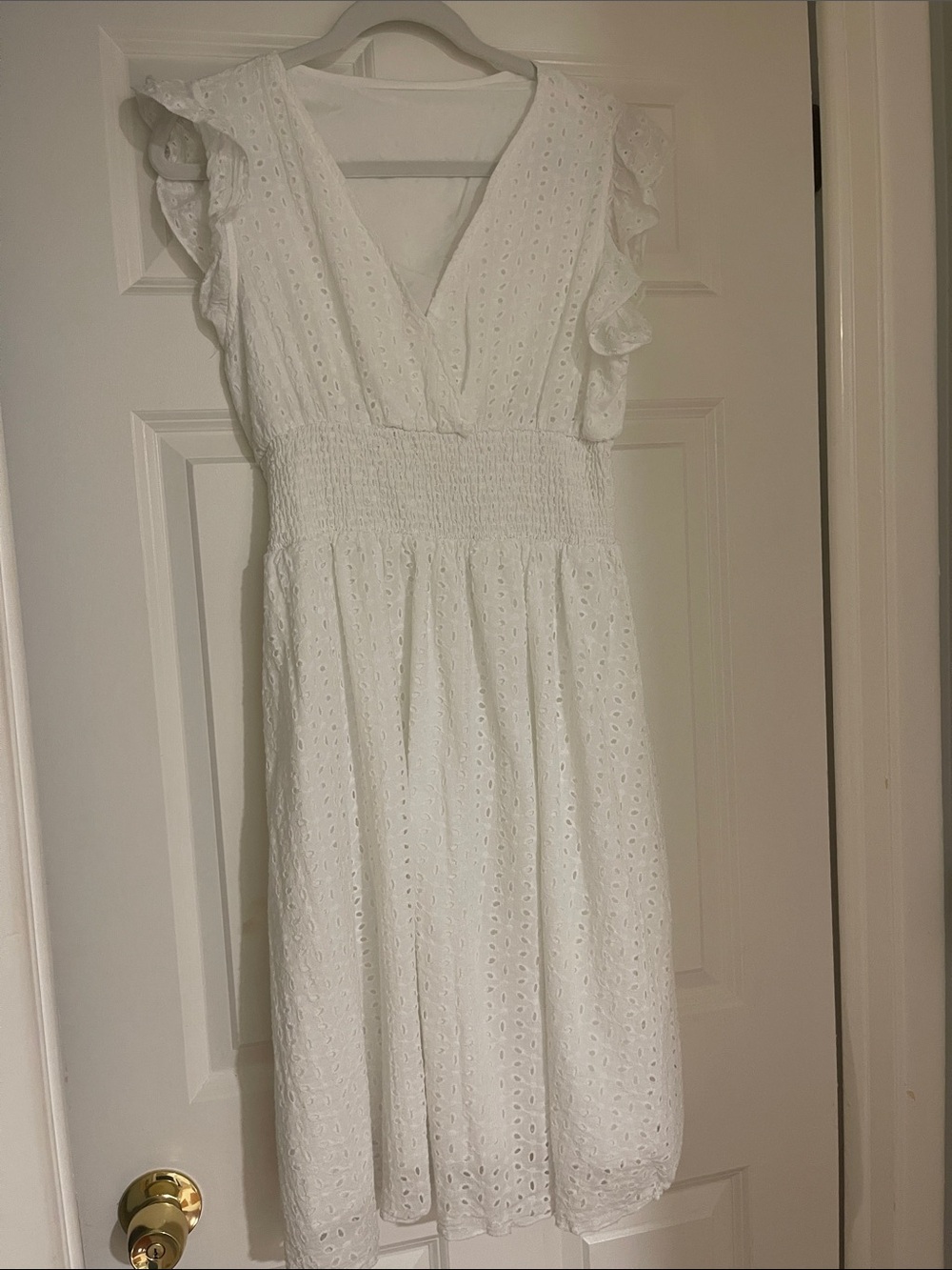 White Eyelet V-Neck Midi Dress